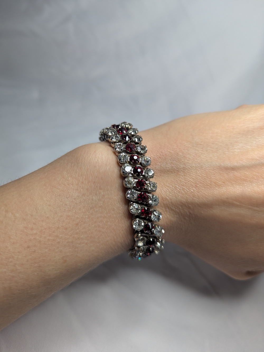 1950's Extension Bracelet Red and Clear Crystal Stones